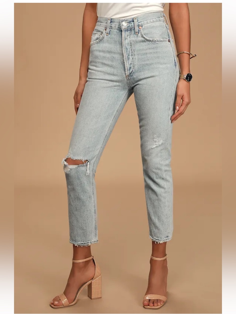 Agolde Riley Light Wash Distressed High Rise Straight Cropped Jeans Shatter 28
